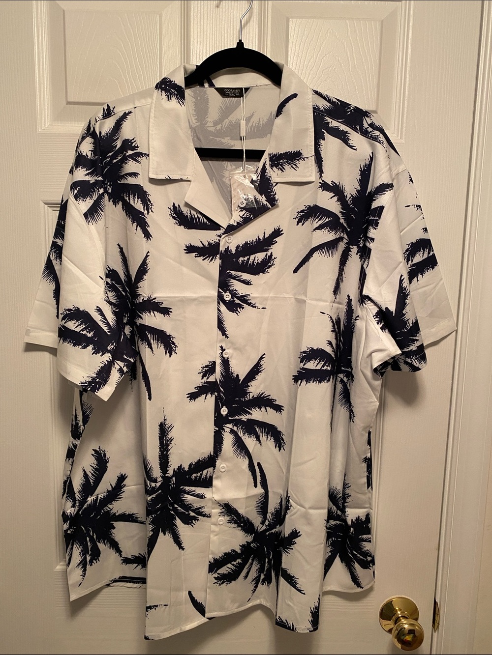 Coofandy Men's White & Navy Palm Print Short-Sleeve Shirt…size 3XL